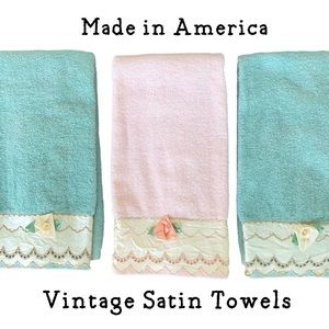 Vintage-y 1960’s Satin Lace Rosebud large Hand towel Retro decor Pink & Blue